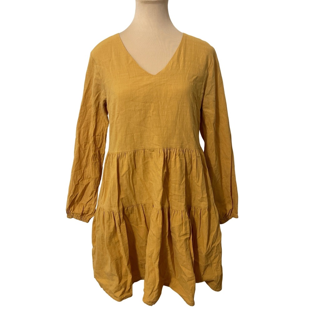FANCYINN Women Mustard Yellow Tiered Long Sleeve Mini Boho Festival Dress S